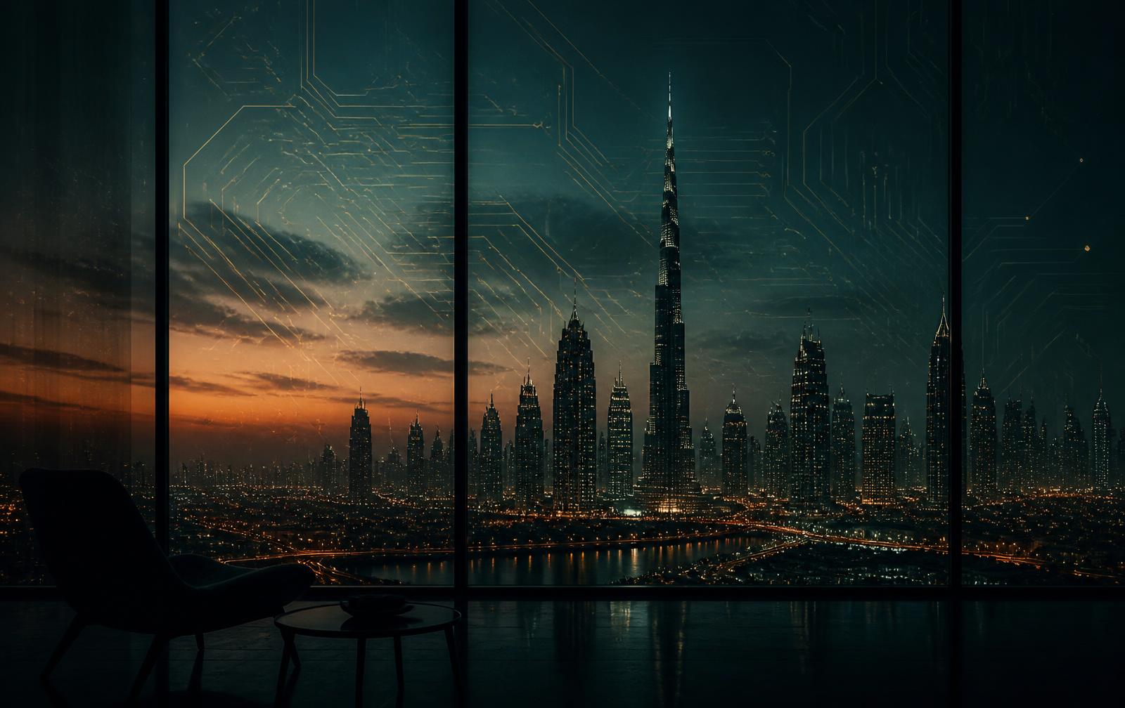 Dubai skyline at dusk seen through glass with faint circuit traces